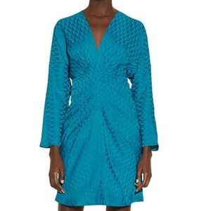 Sandro Paris Aney Satin Jacquard Dress Turquoise Blue Vneck Long Sleeve